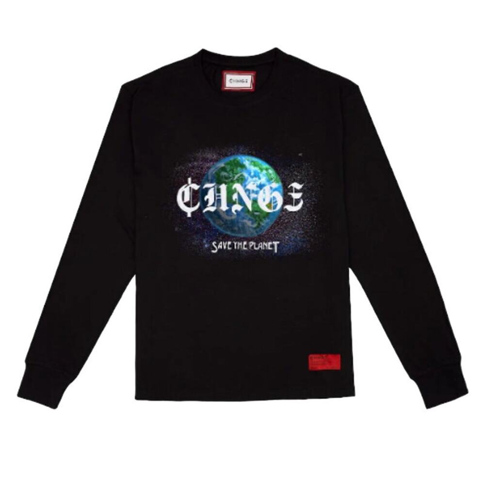 CHNGE Save The Planet Cuffed Long Sleeve T-Shirt Unisex in Black, Size S